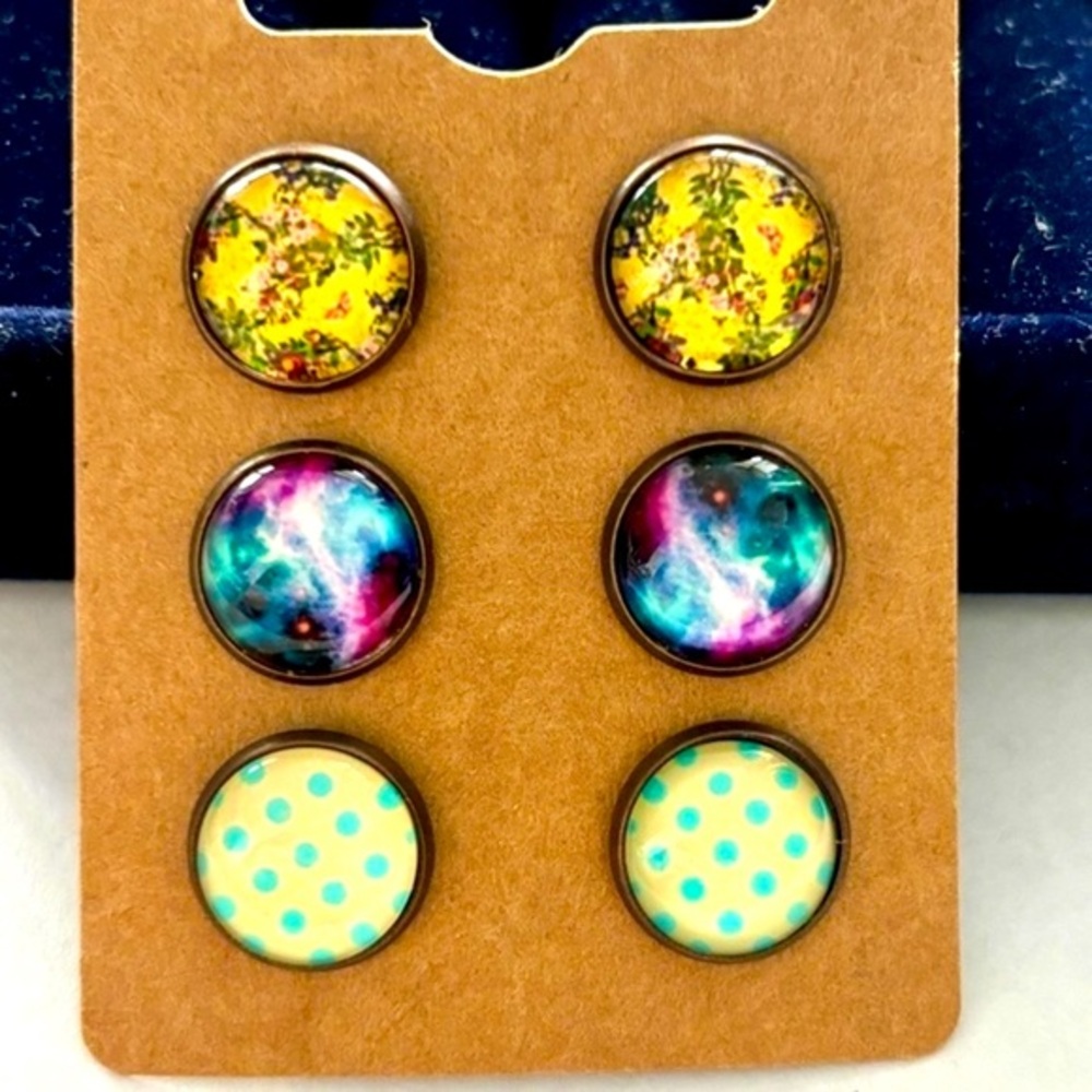 3 Pairs of 12mm Glass Cabochon Floral Print Stud Earrings, NWT, Handmade, Unworn